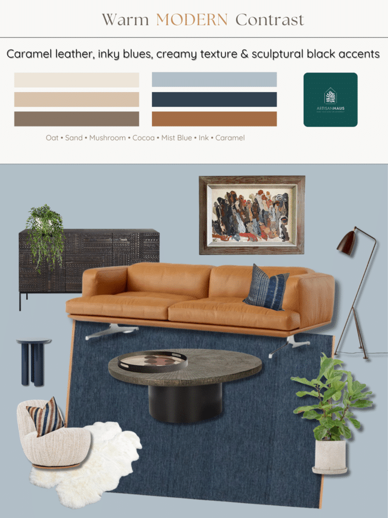Tan leather sofa living room ideas — caramel leather with denim rug, Parma Gray-style blue, creamy texture and sculptural black accents.