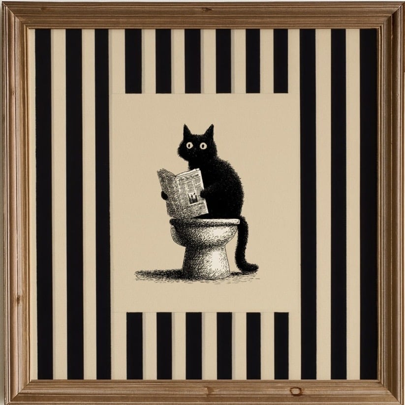 Beige and black striped bathroom print with cat