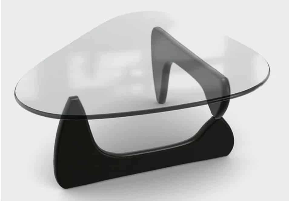 Vitra coffee table with sculptural curved base in black ash and glass top