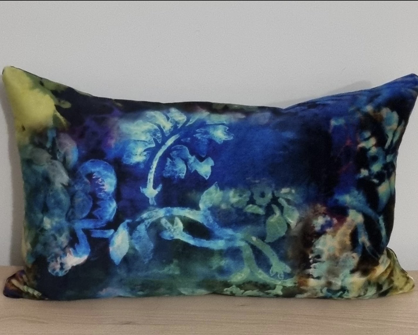 Blue and green patterned velvet cushion cover