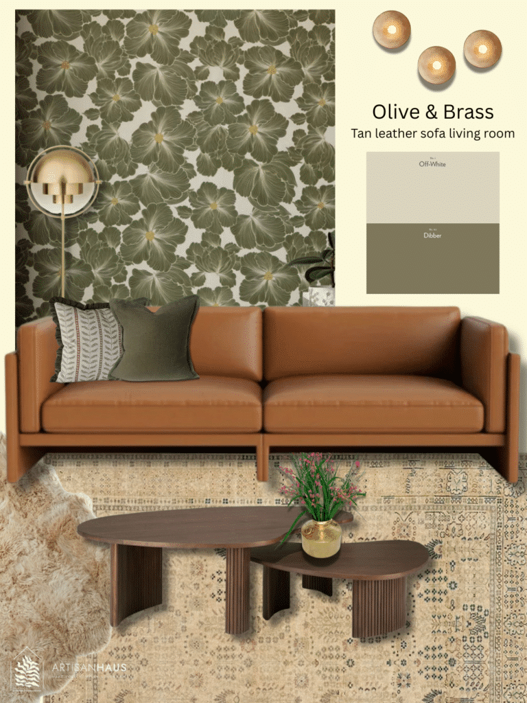 Tan leather sofa living room ideas — olive wallpaper, brass lighting, stone rug and dark wood tables for an elegant, modern scheme.