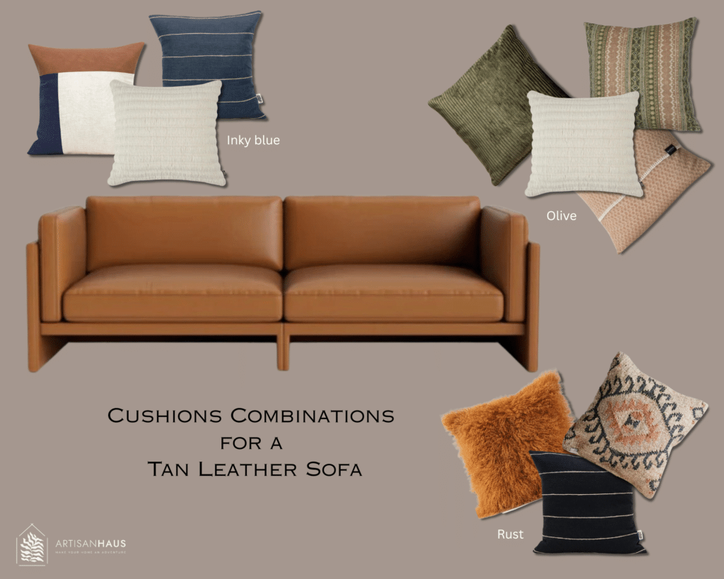 Tan leather sofa living room ideas: cushion combinations in inky blue, olive and rust — mood board with a caramel leather sofa.
