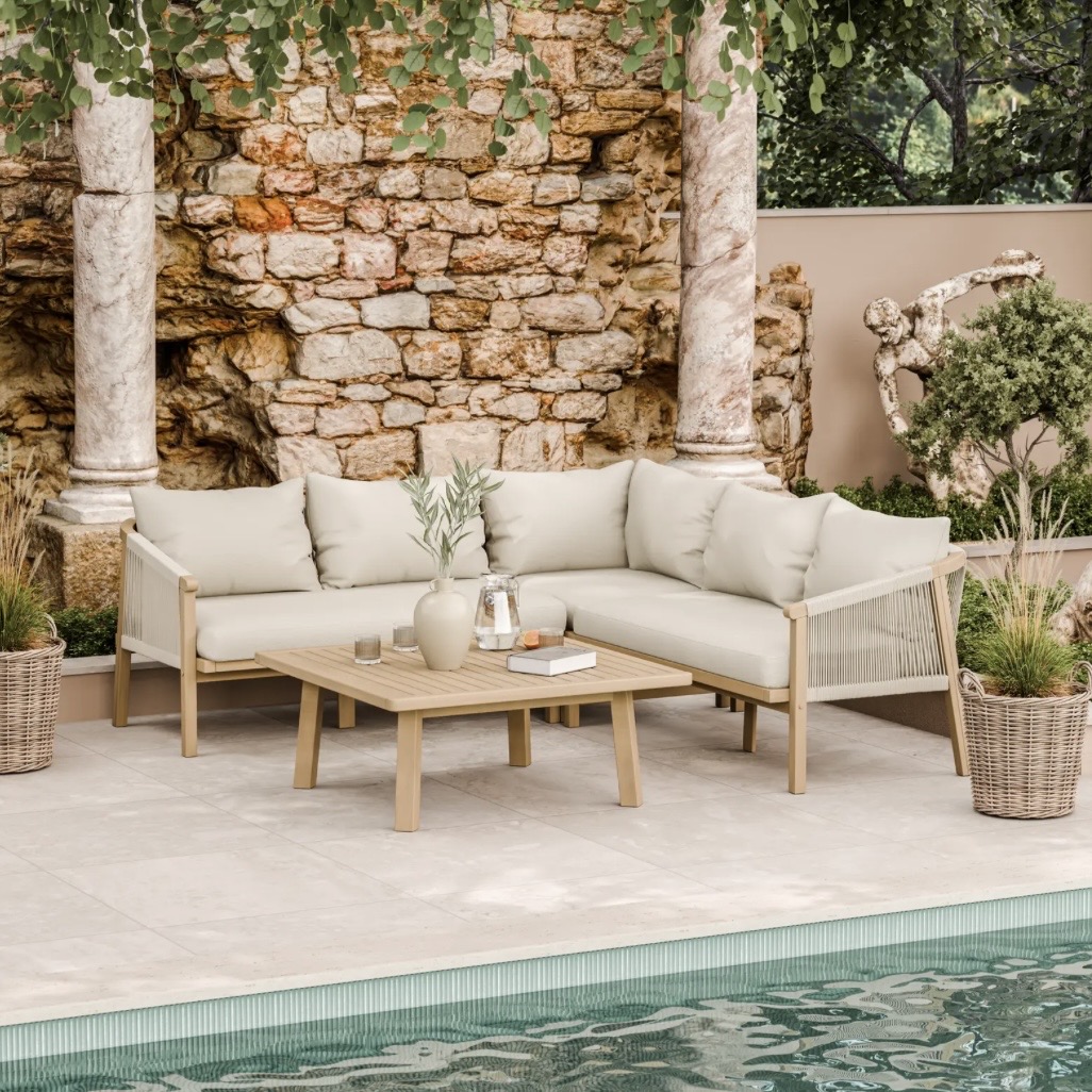 Garden corner sofa set by a pool with square coffee table — compact outdoor corner sofa for edge layout
