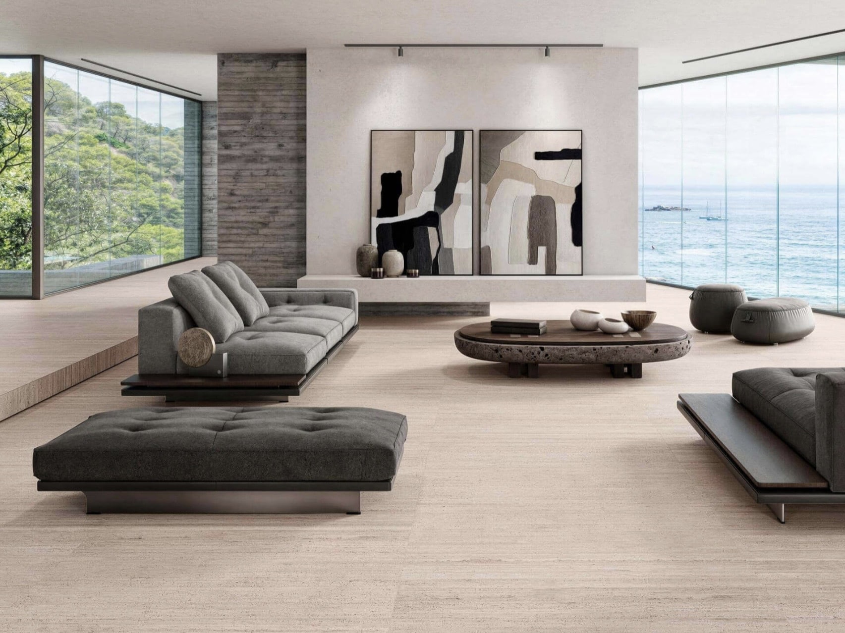 Modern neutral porcelain tile flooring in a calm living space
