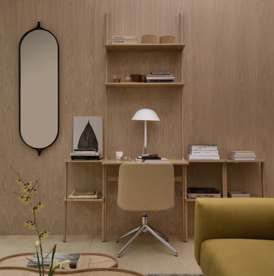 modern home office ideas with warm wood panelling and minimal desk styling