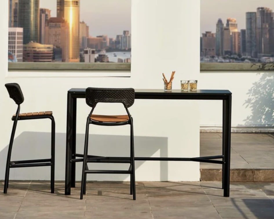 Mindo 102 small outdoor bar table with two stools, a slim metal design for balcony dining