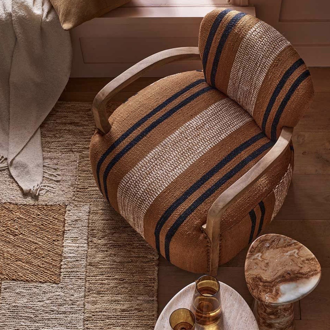 Aviator Armchair in Striped Cotton Rug – burnt orange striped patterned accent chair