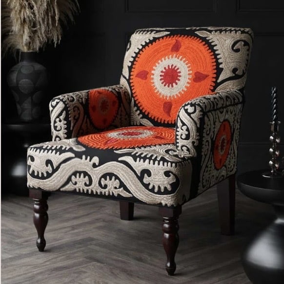 Embroidered Folk Pattern Armchair bold orange patterned accent chair