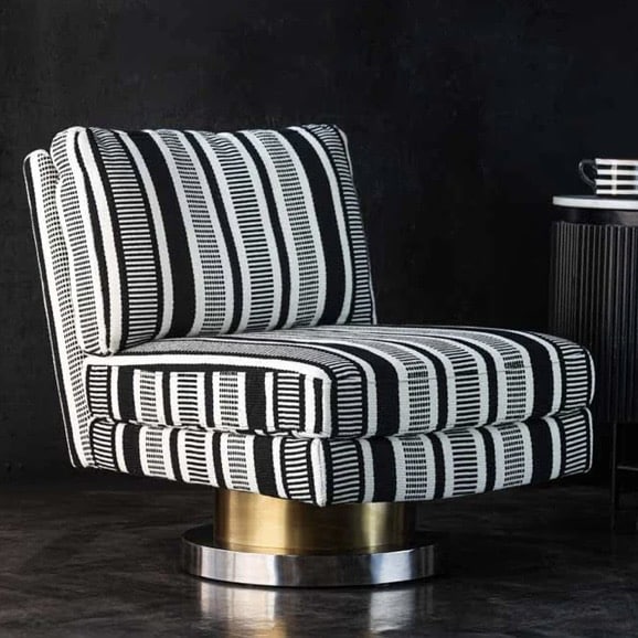 Monochrome Stripe Swivel Chair with black and white striped upholstery