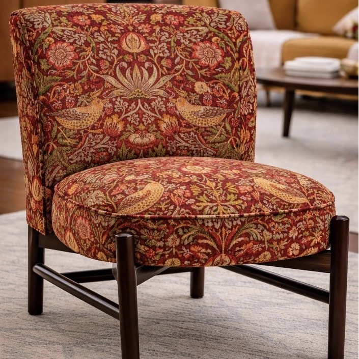 Upholstered Mid-Century Retro Round Lounge Chair floral rust patterned accent chair