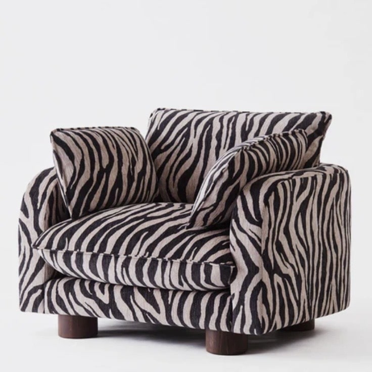 Dusty Deco Miles Armchair Zebra in black and cream zebra print