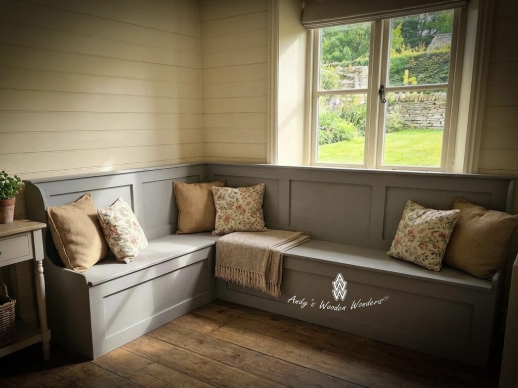 Built-in corner bench seating with storage, styled with cushions beneath a window — small dining room ideas for compact spaces.