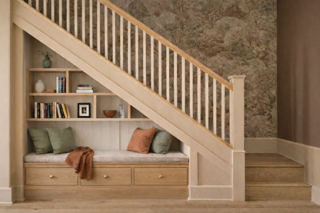Under stairs storage ideas: built-in bench seat with drawers and open book shelving beneath a staircase, styled as a cosy hallway reading nook.