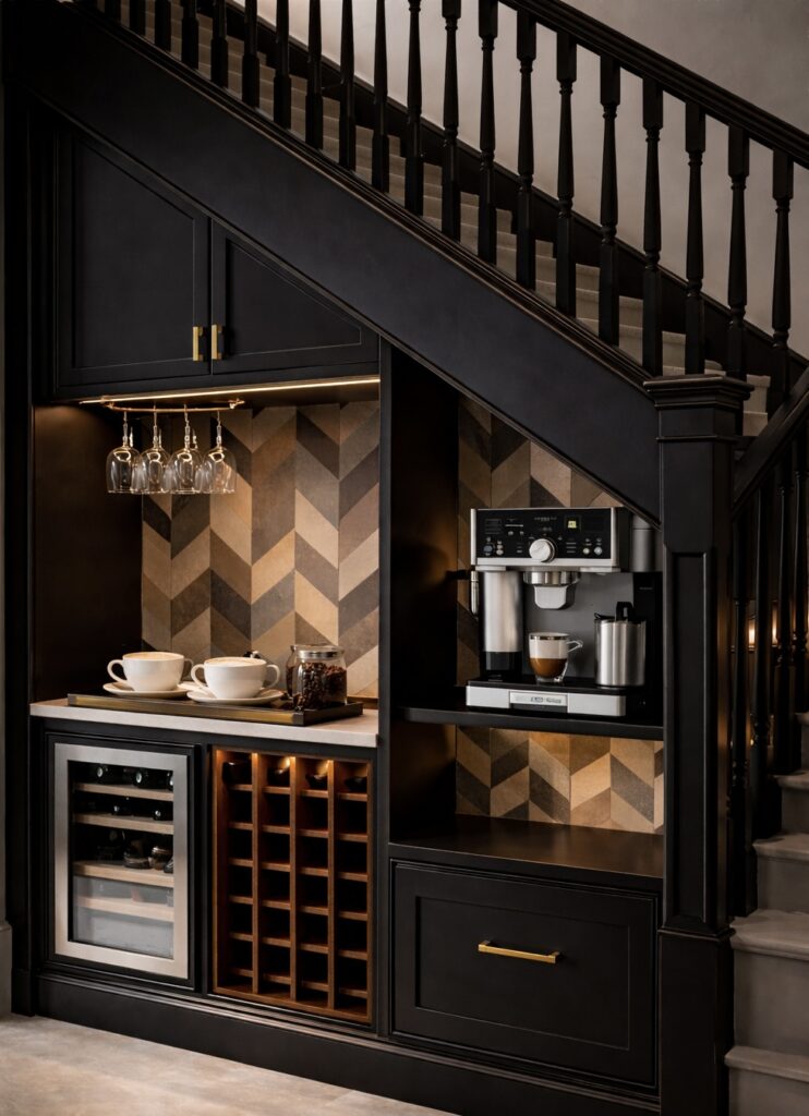 Under stairs storage idea with built-in bar and coffee station, featuring matte black cabinetry, wine rack storage, glass hanging rail and warm LED lighting in a hallway.
