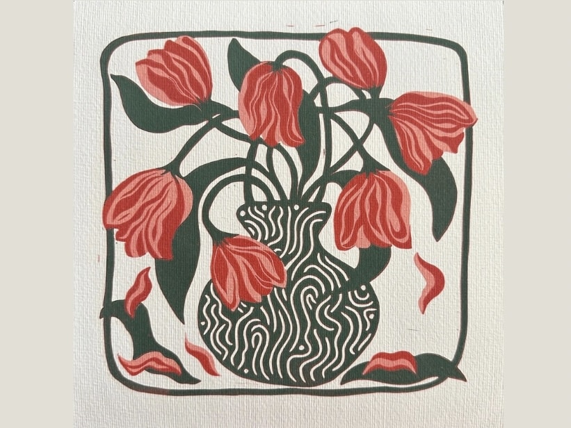 Graphic tulip giclée print featuring a wiggly vase in deep green with bold red tulips