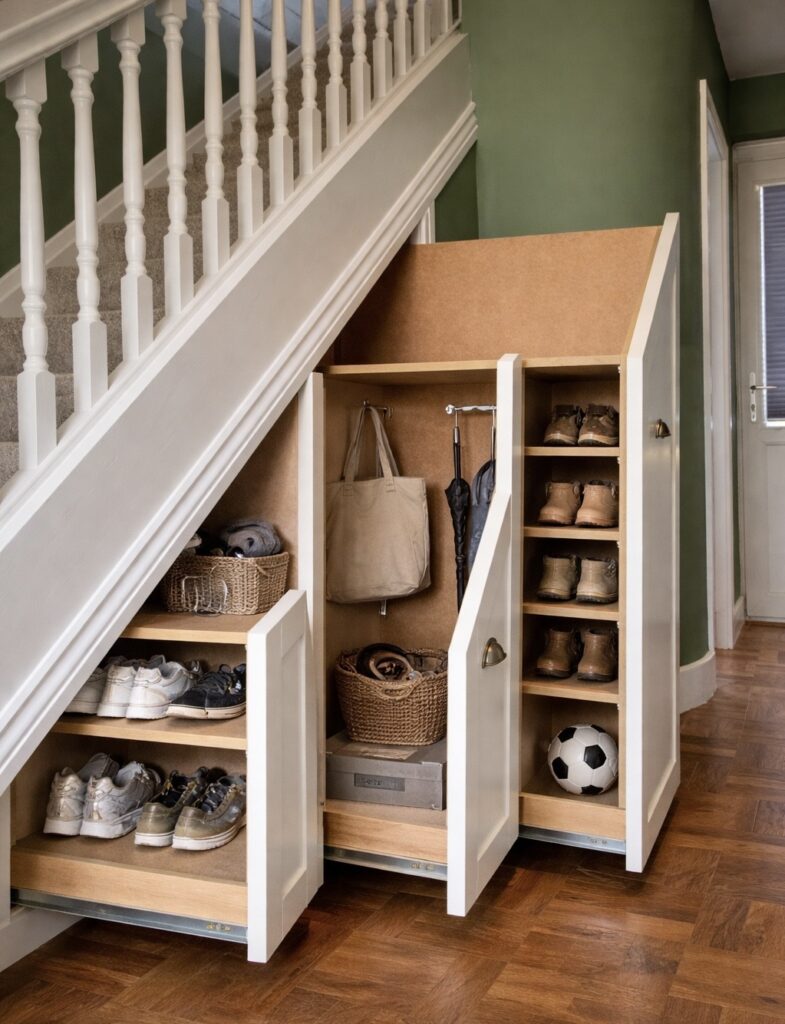 Built-in under stairs storage with pull-out drawers for shoes, school bags and family hallway organisation