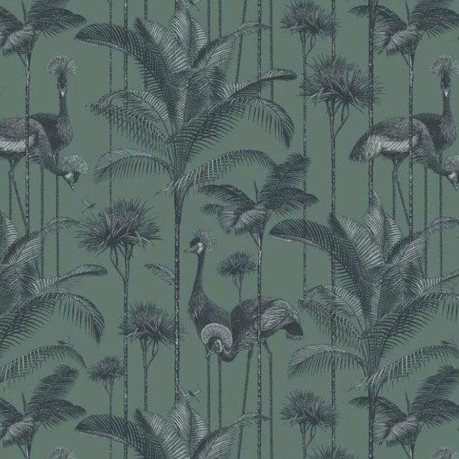 Divine Savages Crane Fonda jade green wallpaper for a moody green bathroom