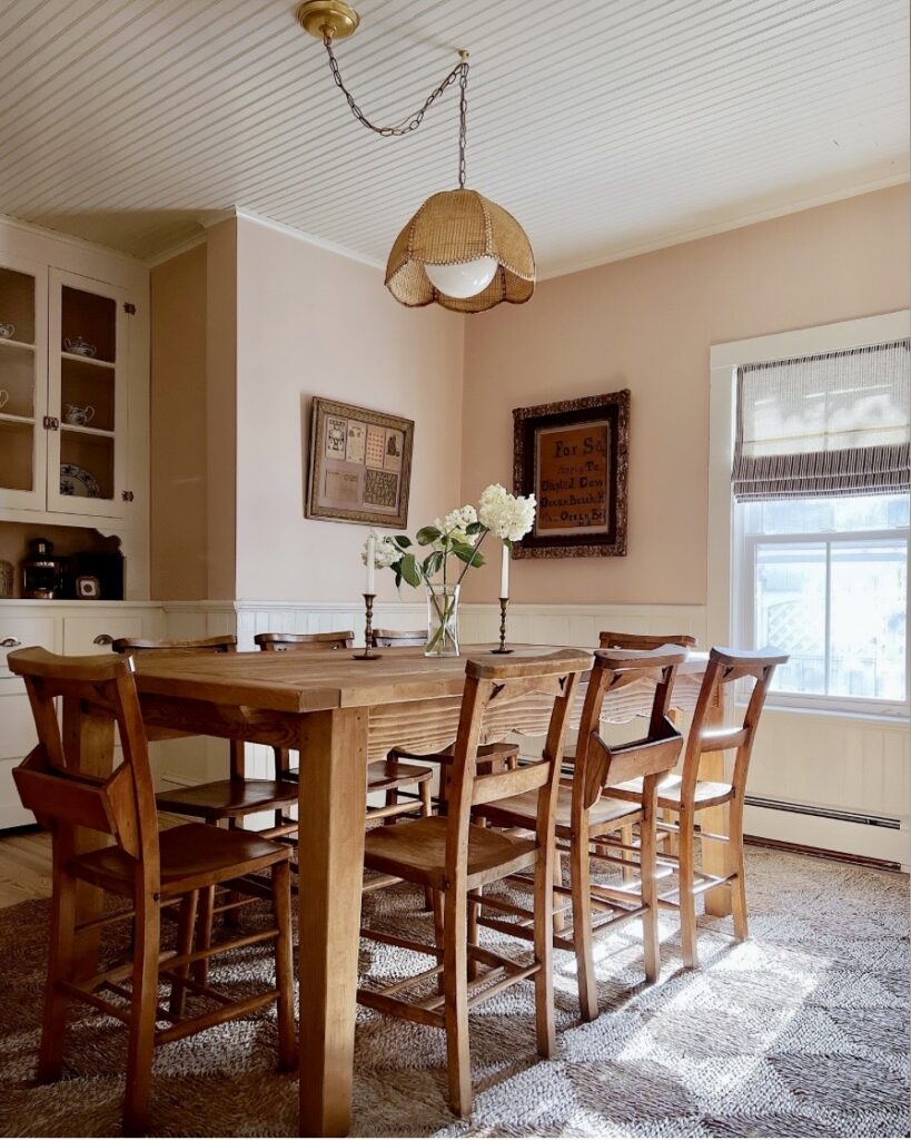 blush dining room colour ideas with setting plaster farrow and ball walls wooden dining table and natural textures