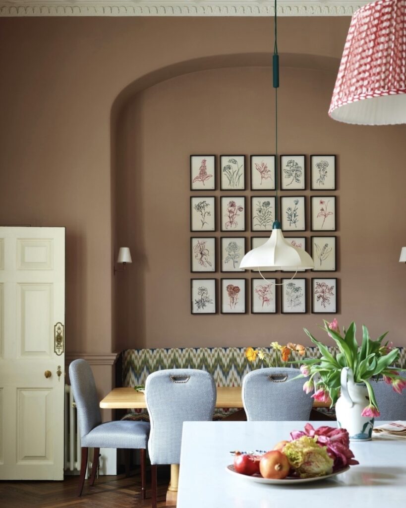 blush dining room colour ideas with dead salmon farrow and ball walls upholstered seating and pendant lighting