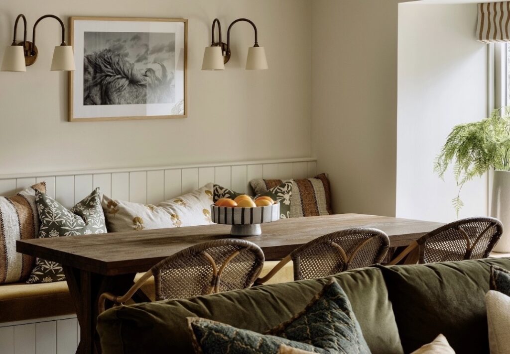 warm neutral dining room colour ideas with built in bench seating wooden table and soft beige walls creating a cosy layered space