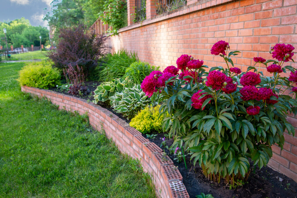 curved brick garden edging in front garden with lawn and flower bed border