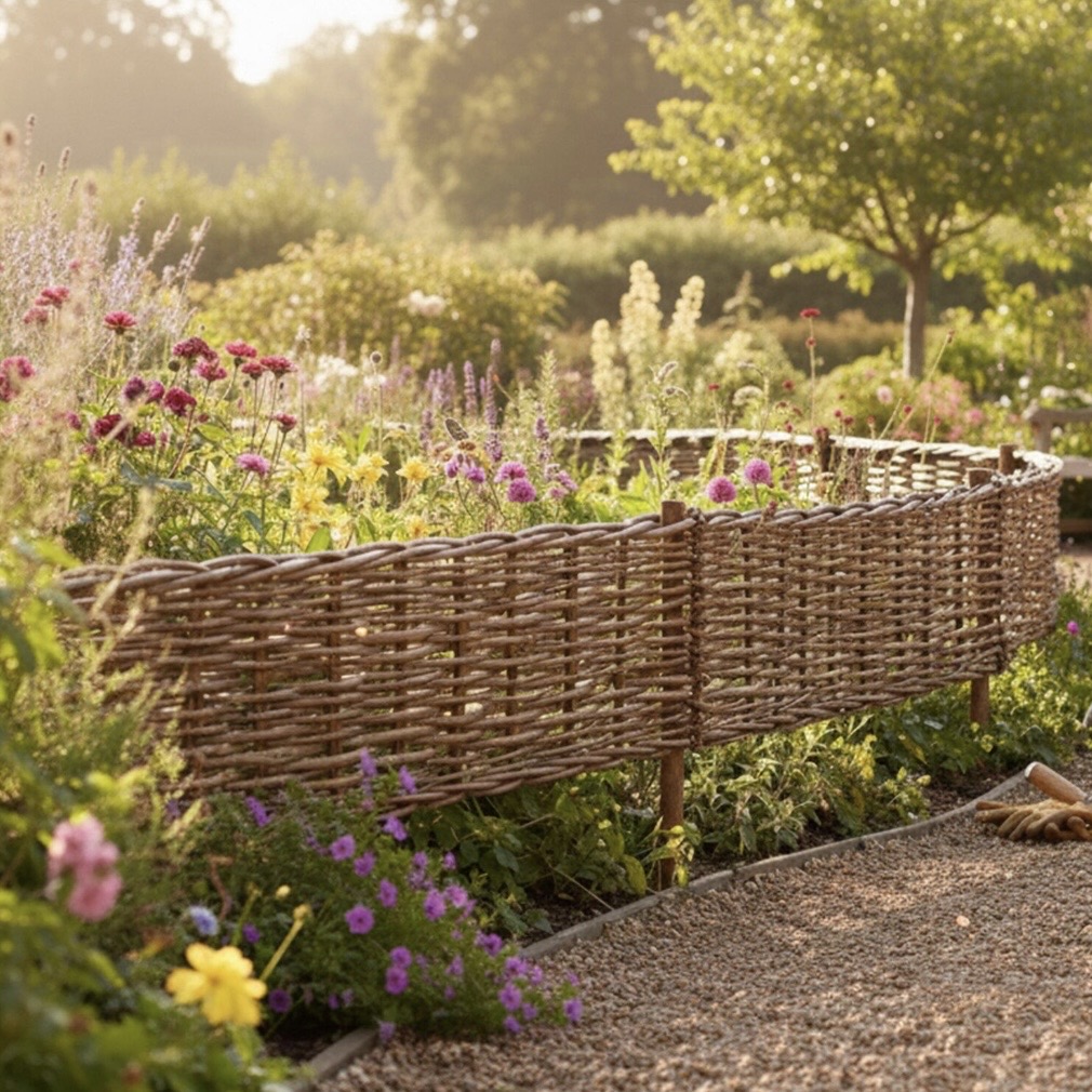woven garden edging ideas with willow border around raised flower bed cottage garden style