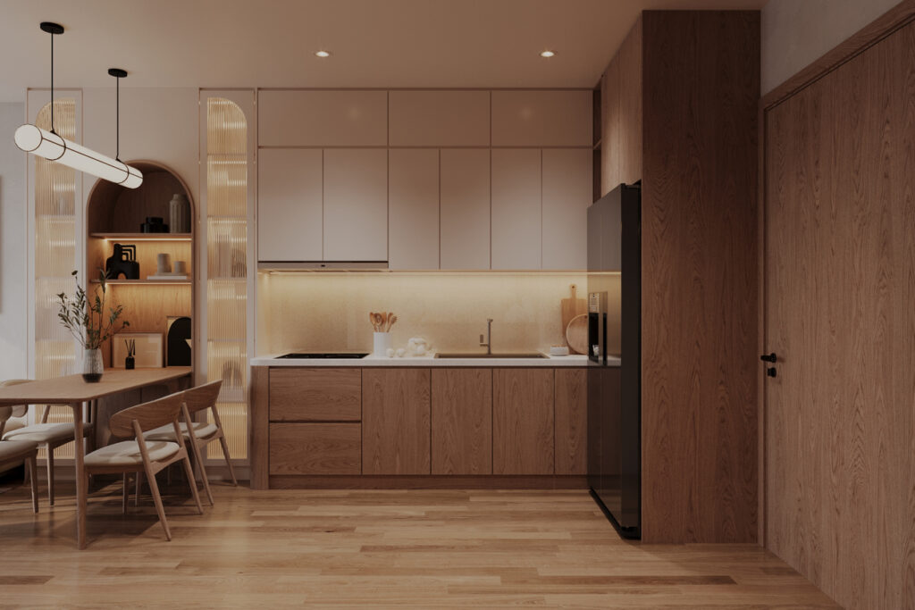 Compact kitchen dining room with cream upper cabinets, wood lower cabinets, built-in shelving and a light wood dining table