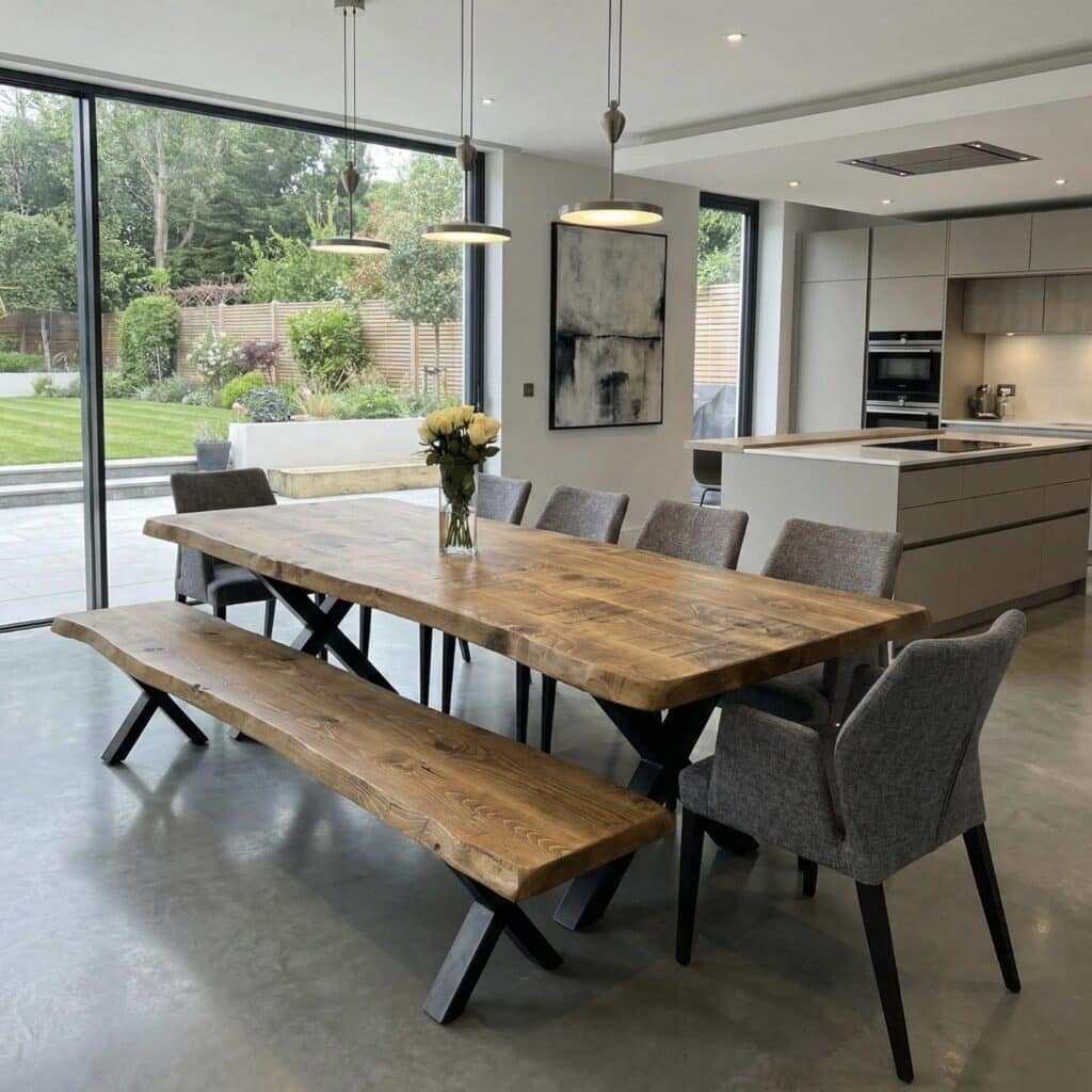Kitchen dining room ideas with a live-edge wooden dining table, dining room pendant lights and a modern open-plan kitchen