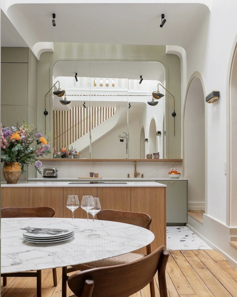 Neutral kitchen dining room ideas with French Gray, Wimborne White, timber flooring and a marble dining table