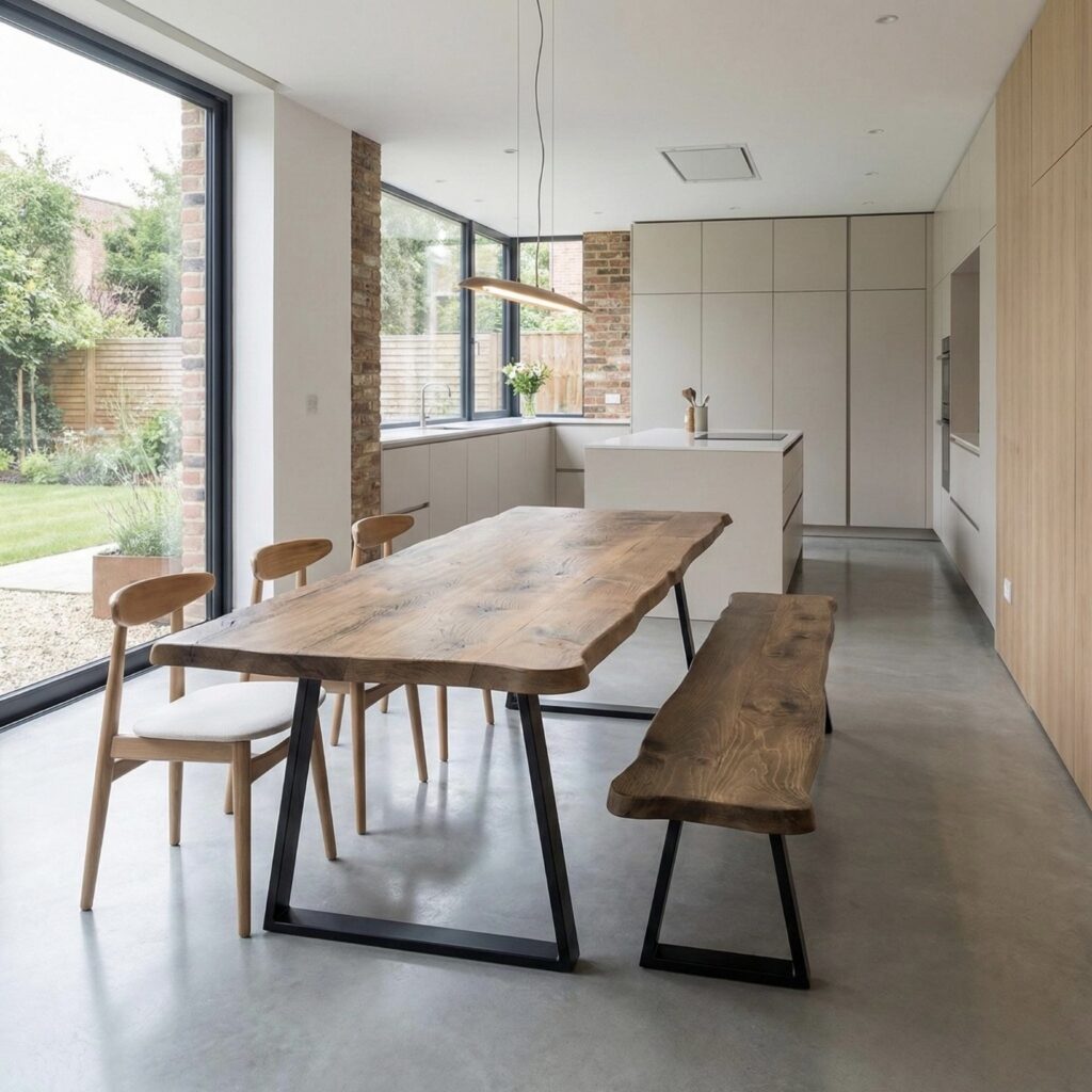 Kitchen diner ideas with a live-edge wooden dining table, matching bench and pale modern kitchen in an open-plan space