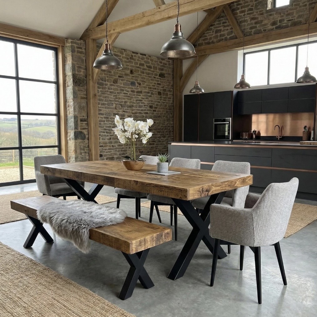 Kitchen dining room ideas with a chunky wooden dining table, upholstered chairs and a sleek dark kitchen with exposed brick walls