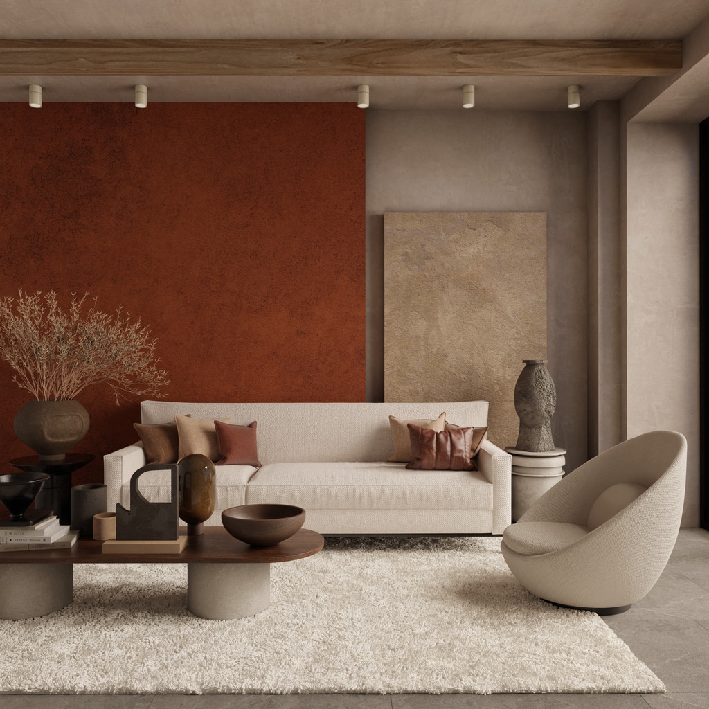 Burnt orange living room with a neutral sofa, beige armchair and textured rug