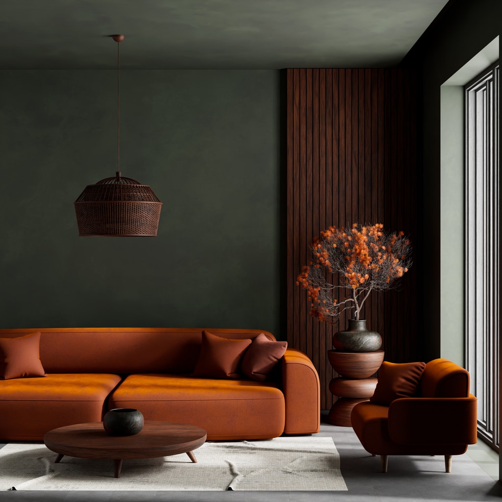 Burnt orange sofa in a modern living room with deep green walls and warm wood accent