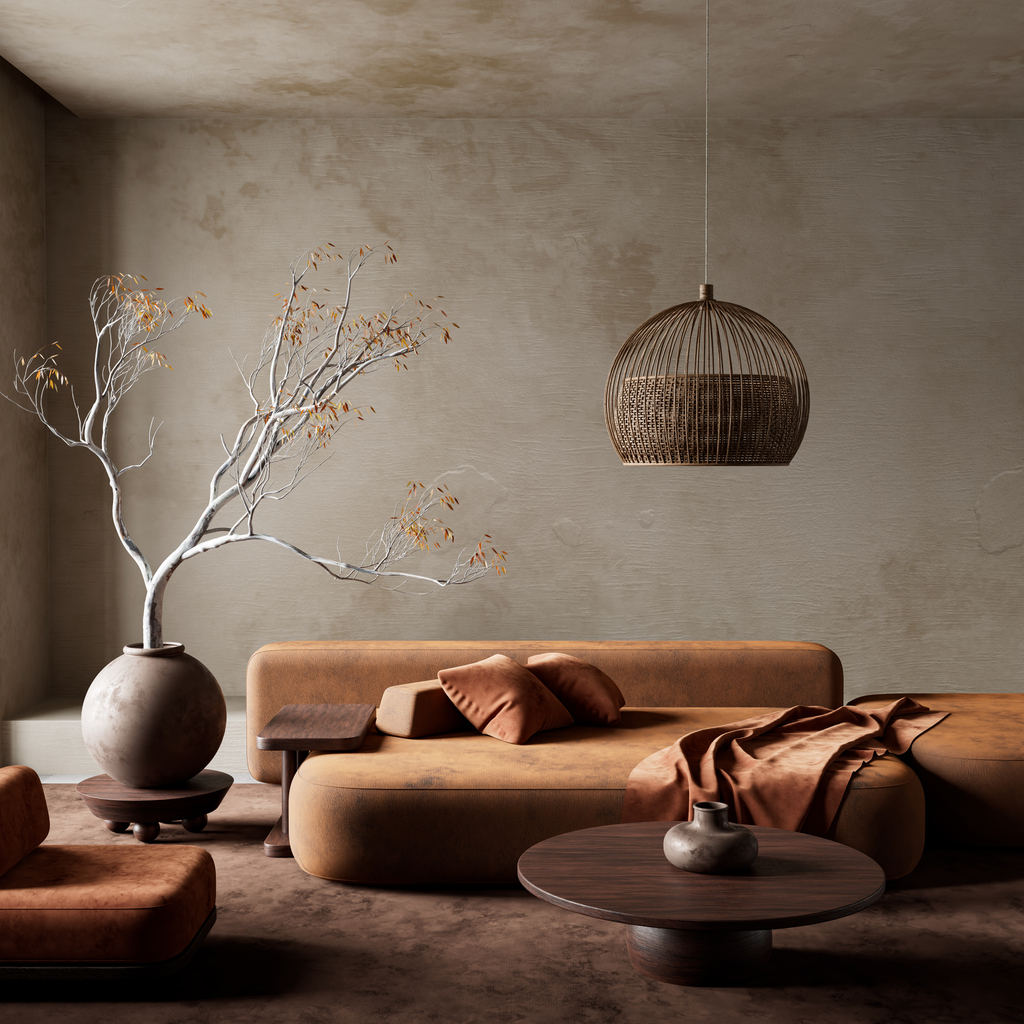 Minimalist orange living room with warm terracotta sofa, low wooden coffee table and Japandi-style décor
