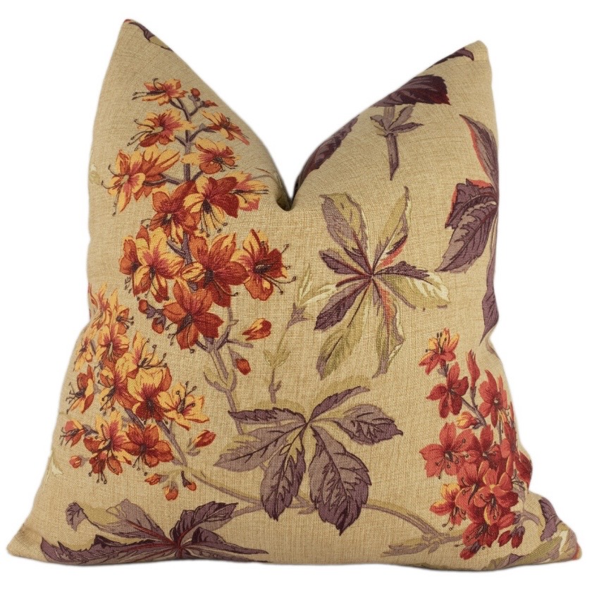 Sanderson Pavia floral orange cushion with amber and plum botanical pattern