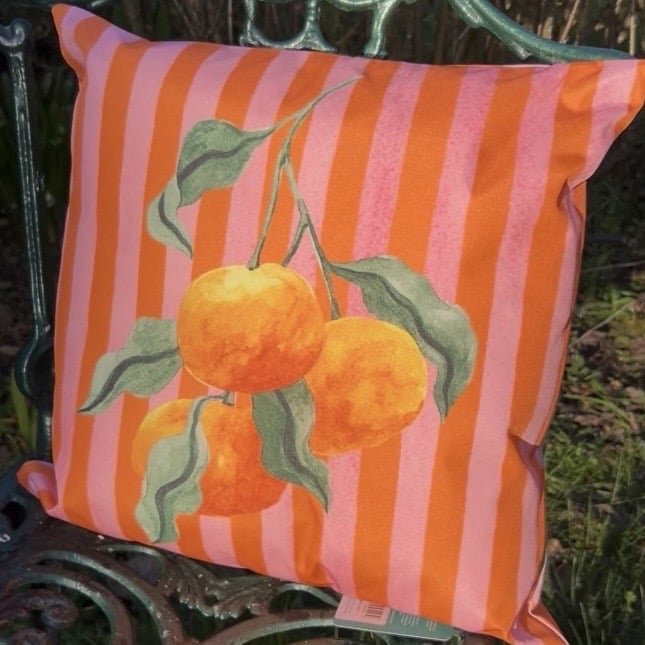 orange stripe botanical outdoor cushion with fruit motif