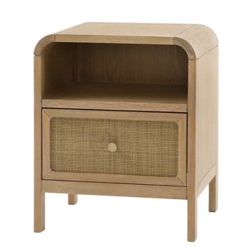 Curved wood and rattan bedside table for a charcoal beige and black bedroom