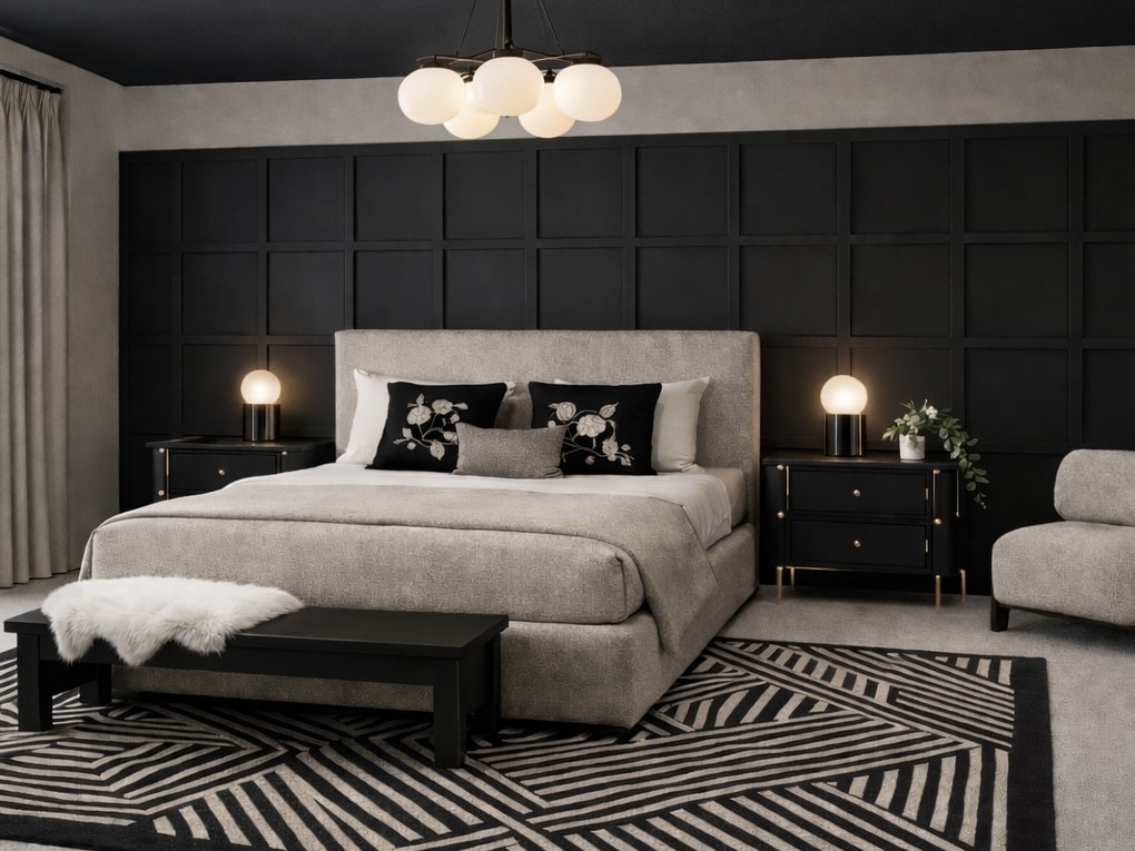 Modern beige and black bedroom with black panelled wall and geometric rug