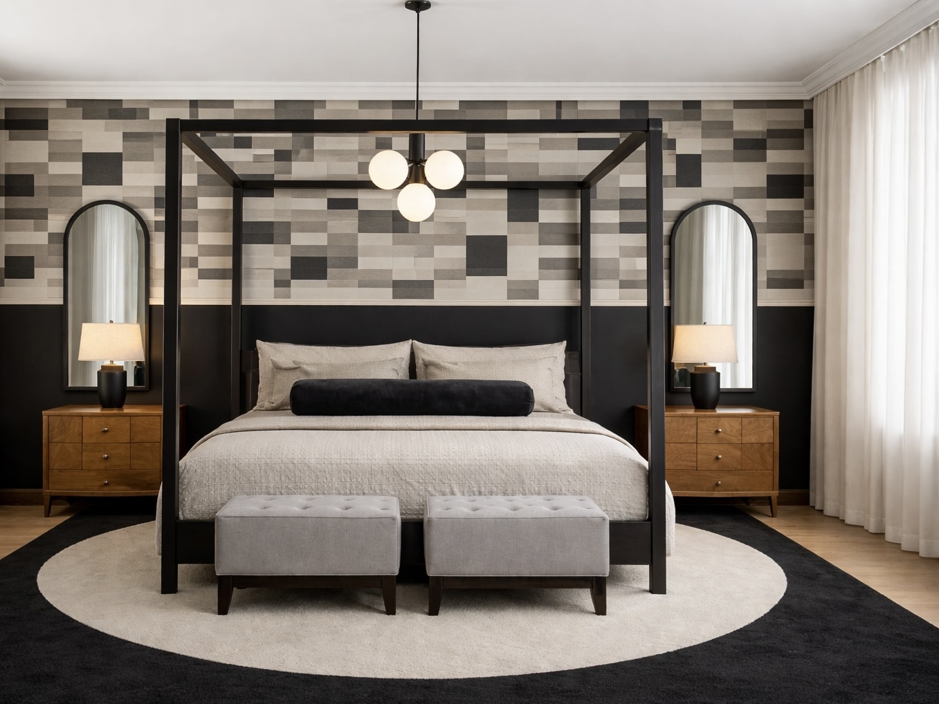 Graphic beige and black bedroom with upper wall wallpaper and black paint below