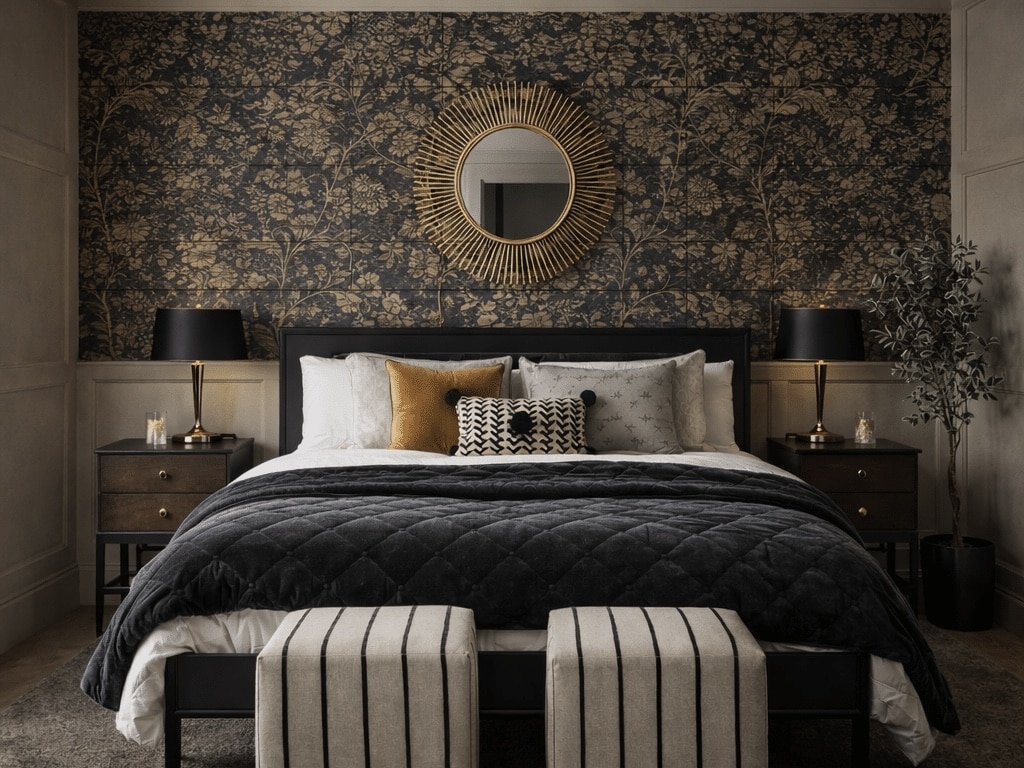 Romantic beige and black bedroom with floral wallpaper