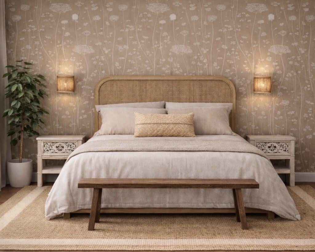 Chic boho beige bedroom with meadow wallpaper, cane bed, carved bedside tables, jute rug and plant by the window