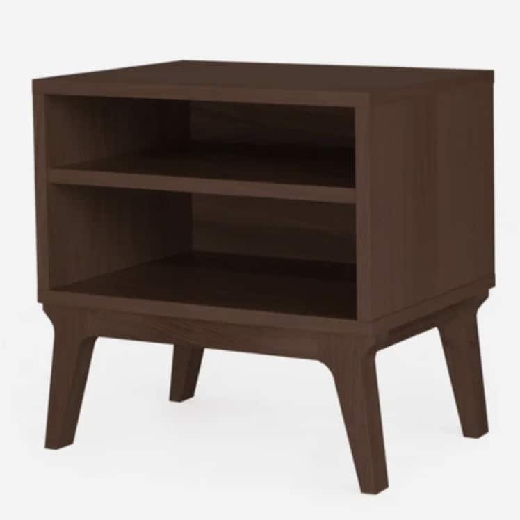 Walnut bedside table in a luxury beige bedroom