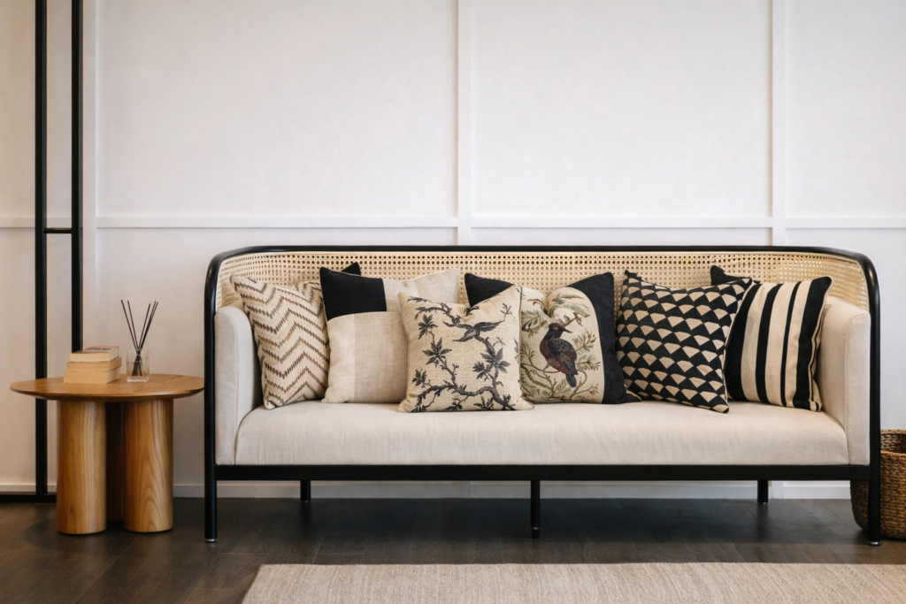 Black and beige cushions styled on a neutral sofa with a black frame in a modern living room