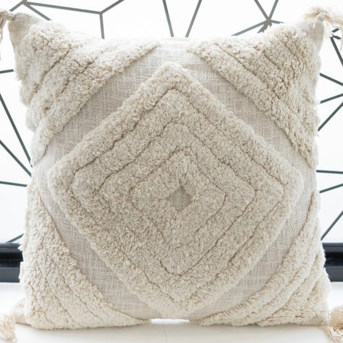 Cream shaggy diamonds cushion cover with textured tufted design