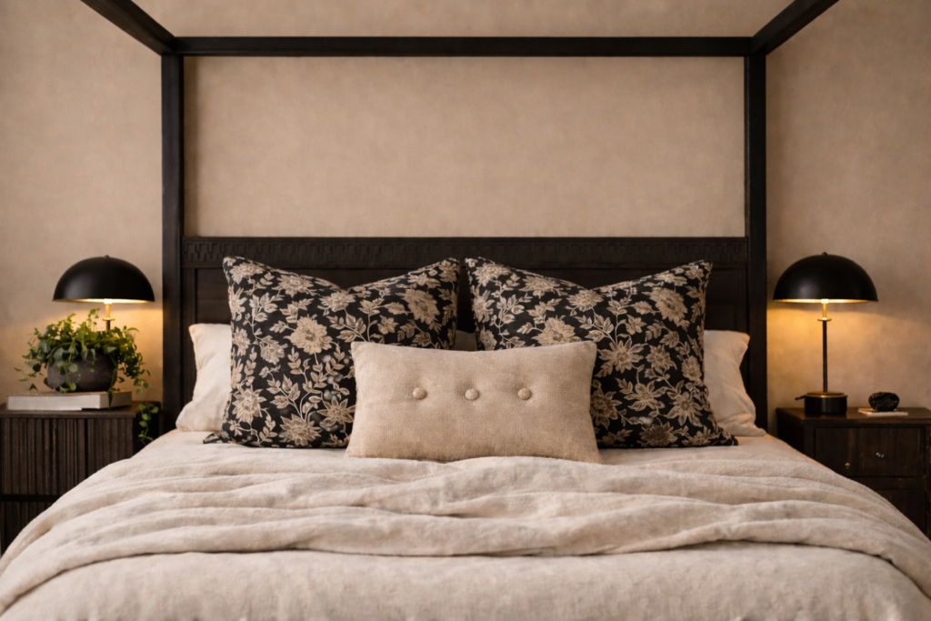 Black and beige cushions black bedroom