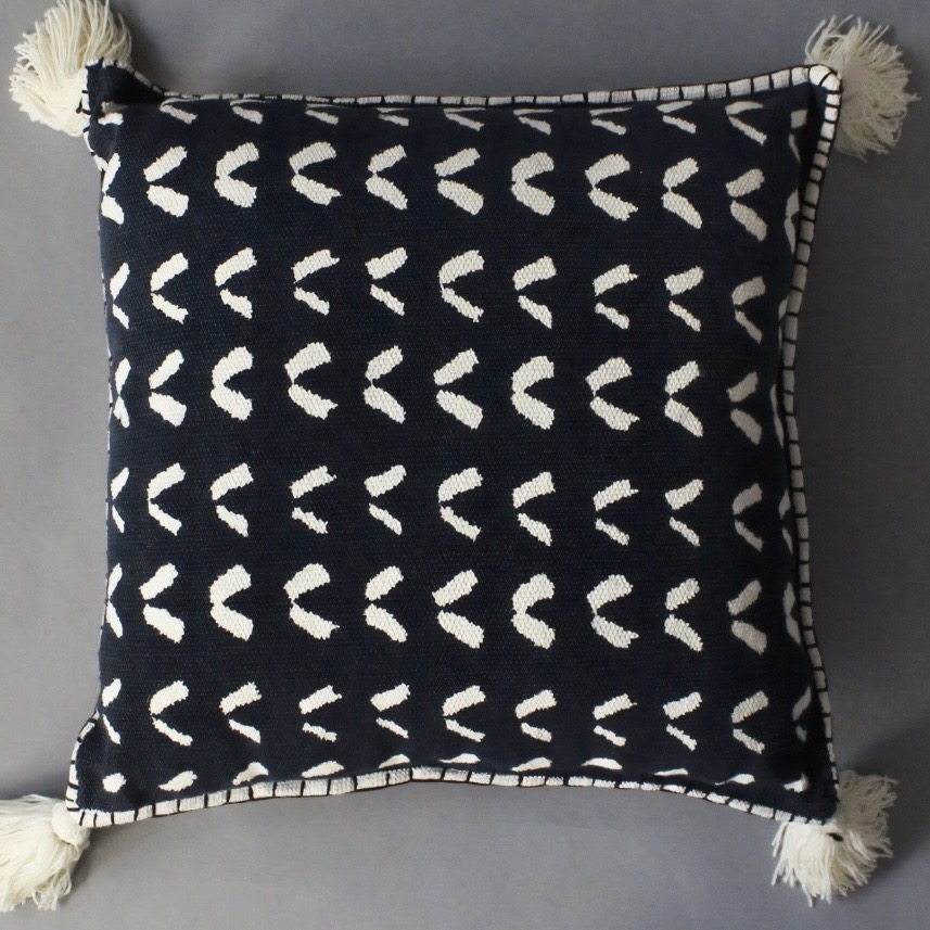 Black and white block printed cotton canvas pillow cover with tassels