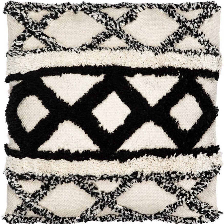 Scandi boho black and cream cushion cover with textured geometric pattern
