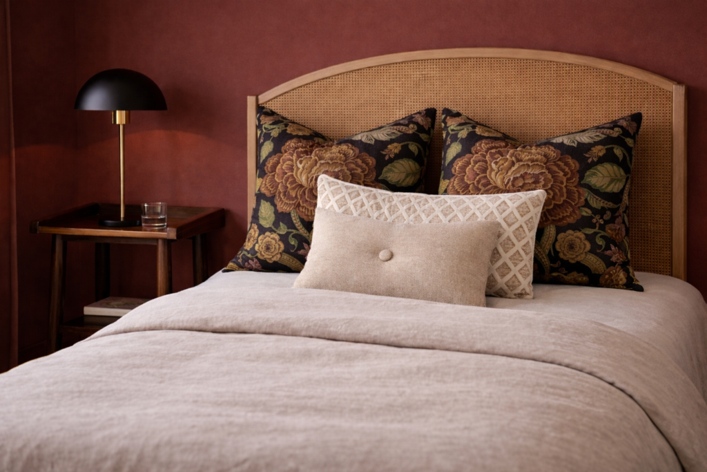 Heritage-style black and beige cushions styled on a bed with rattan headboard and oatmeal linen bedding