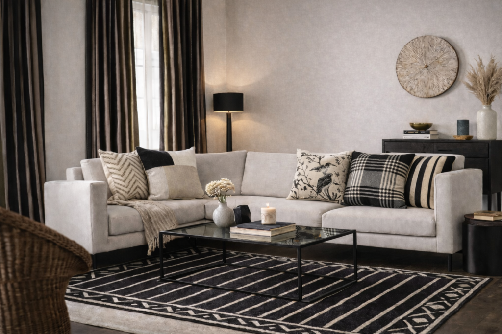 Black and beige cushions in mixed patterns styled on a light neutral corner sofa
