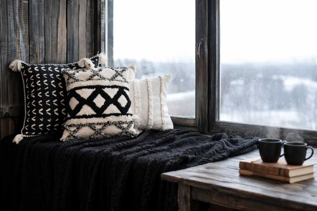 Black and beige cushions styled on a window seat with a black throw and rustic wooden window